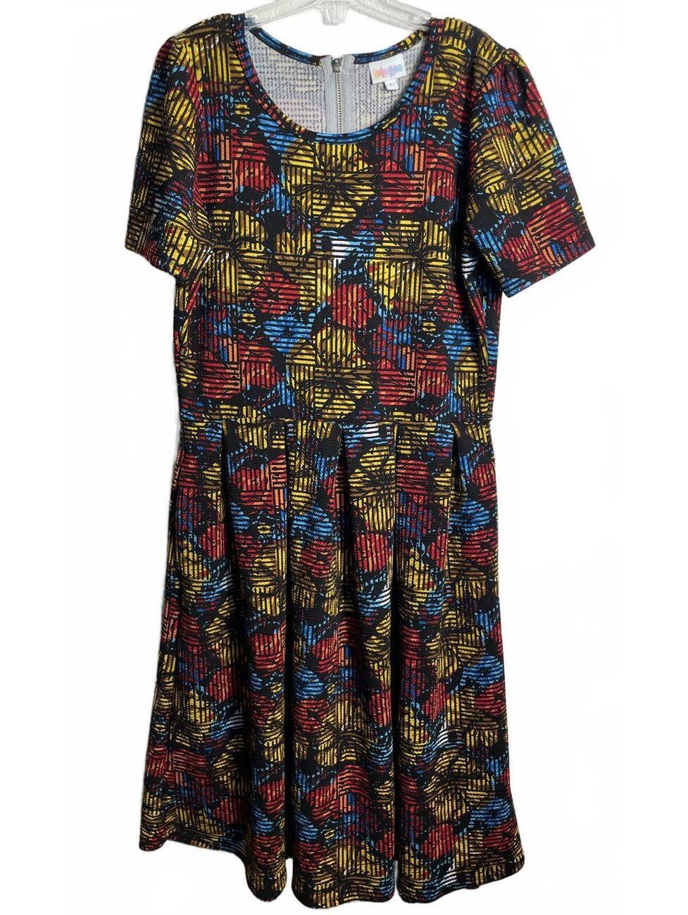 Lularoe Dress Mini Womens Size Large Colorful Zip Puff Shoulder Pleated Retro